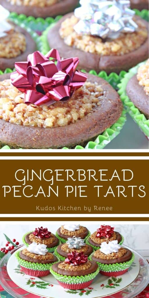 A vertical two image collage along with a title text graphic for Gingerbread Pecan Pie Tarts on a festive holly berry plate.