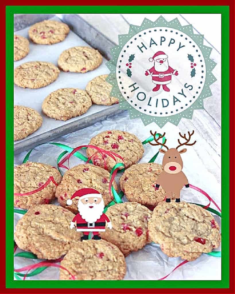 A vertical photo along with cute Christmas graphics for Cinnamon Oatmeal Cookies.
