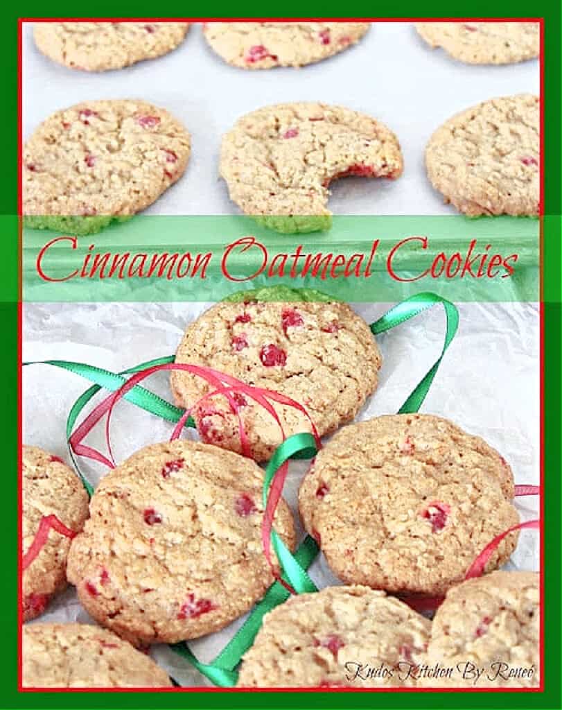 A vertical closeup along with a title text overlay graphic for Cinnamon Oatmeal Cookies with red and green ribbon running around the cookies.