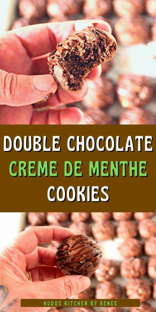 A vertical two image collage of Double Chocolate Creme De Menthe Cookies along with a hand holding a cookie. 