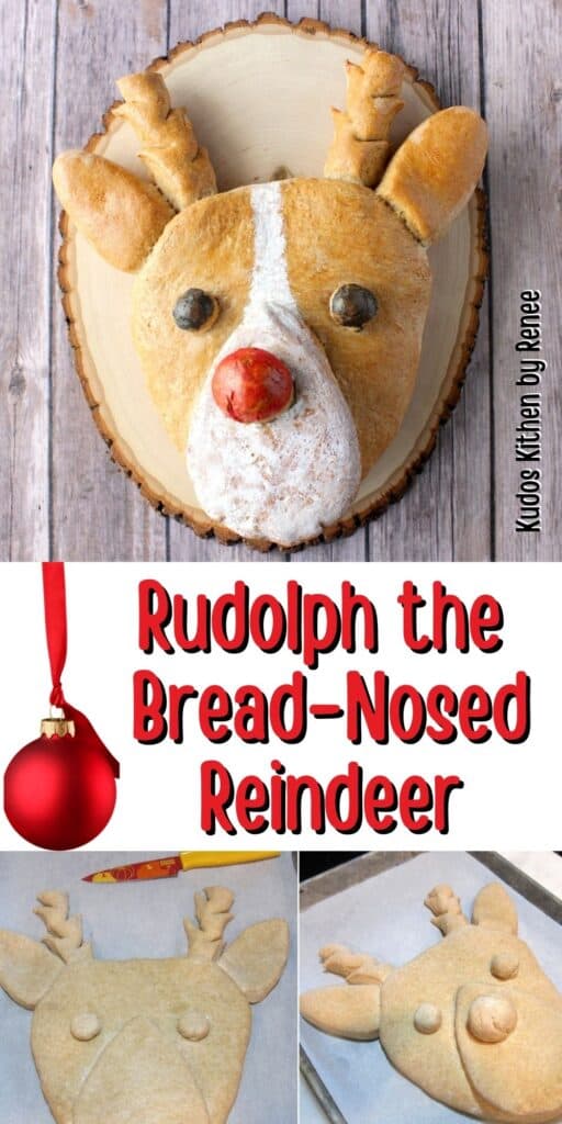 A vertical two image collage of how to make a Rudolph Bread-Nosed Reindeer along with a title text overlay graphic.