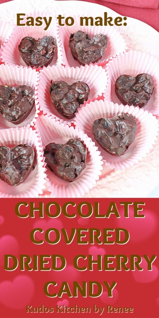A Pinterest image with title for Chocolate Covered Dried Cherry Candy.