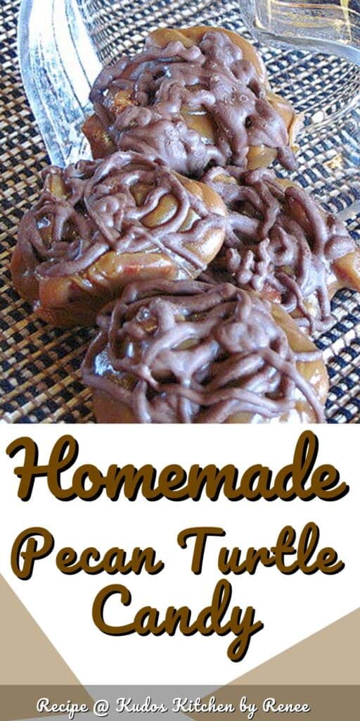 A vertical closeup of Homemade Pecan Turtle Candy spilling out of a glass jar onto a black and tan placemat.