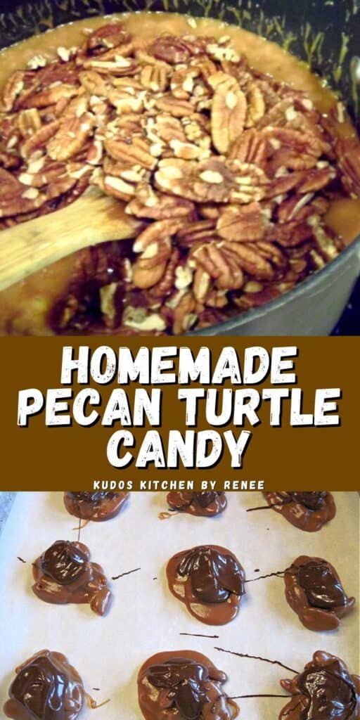 A two image vertical collage along with a title text overlay graphic for Homemade Pecan Turtle Candy.