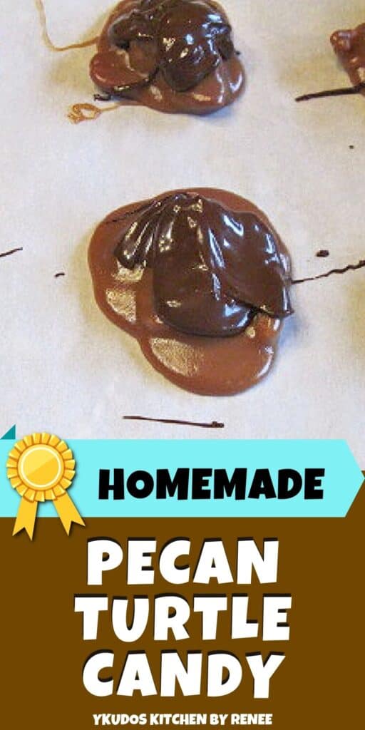 A closeup vertical image along with a title text overlay graphic for Homemade Pecan Turtle candy with a melted chocolate topping.
