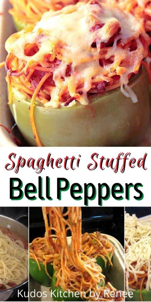 A two image vertical collage along with a title text graphic for Spaghetti Stuffed Bell Peppers.