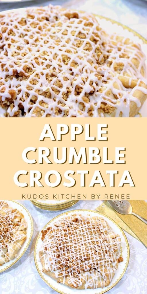 A vertical two image collage with a title text overlay graphic for Apple Crumble Crostata with gold napkins and an icing drizzle.