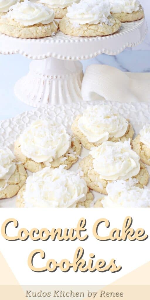 A vertical image along with a title text graphic for Coconut Cake Cookies with an ivory napkin and buttercream frosting.