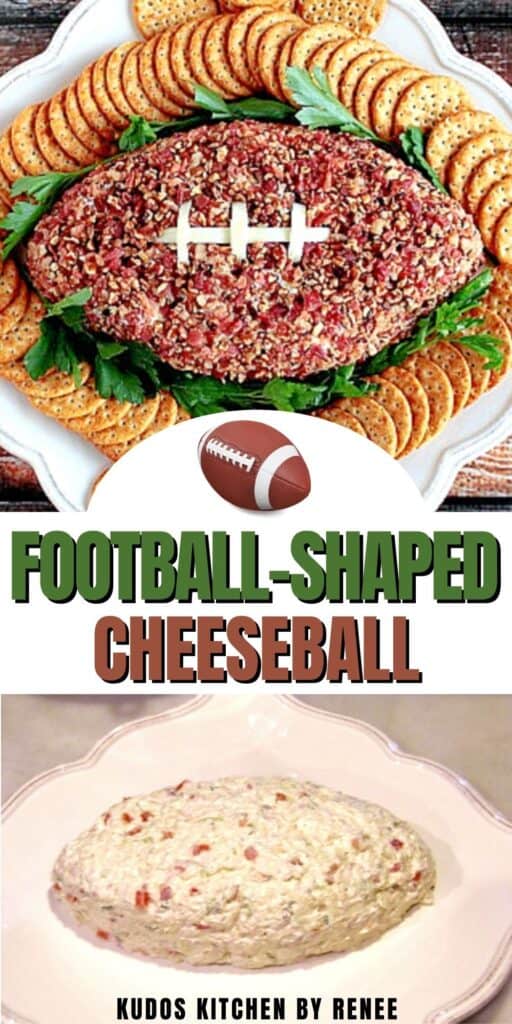 A two image vertical collage of how to make a Football Shaped Cheeseball with Pecans and bacon along with a title text graphic in the center.