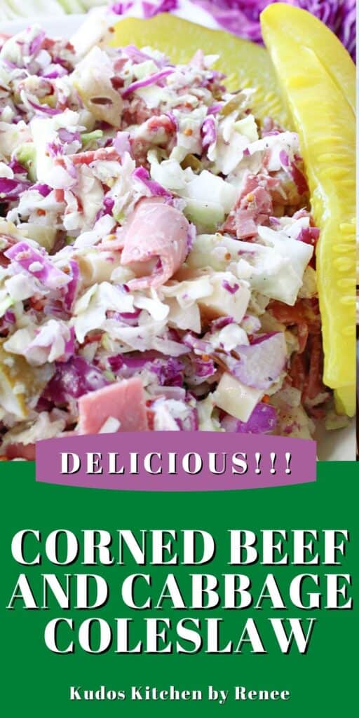 A vertical closeup along with a title text overlay graphic for Corned Beef and Cabbage Coleslaw with pickles, cheese, and shallots.