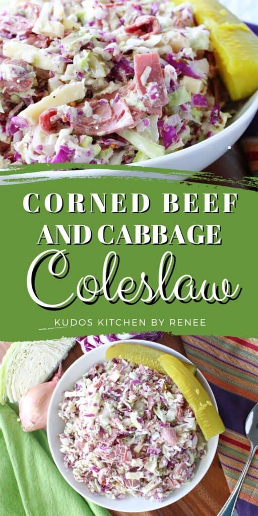 A two image vertical collage along with a title text graphic for Corned Beef and Cabbage Coleslaw.