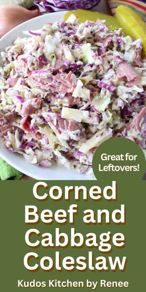 A Pinterest image with a title text for Corned Beef and Cabbage Coleslaw.