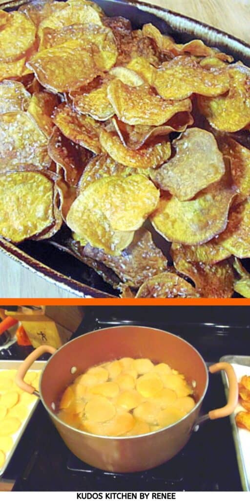 A vertical two image collage of how to make Homemade Fried Sweet Potato Chips.