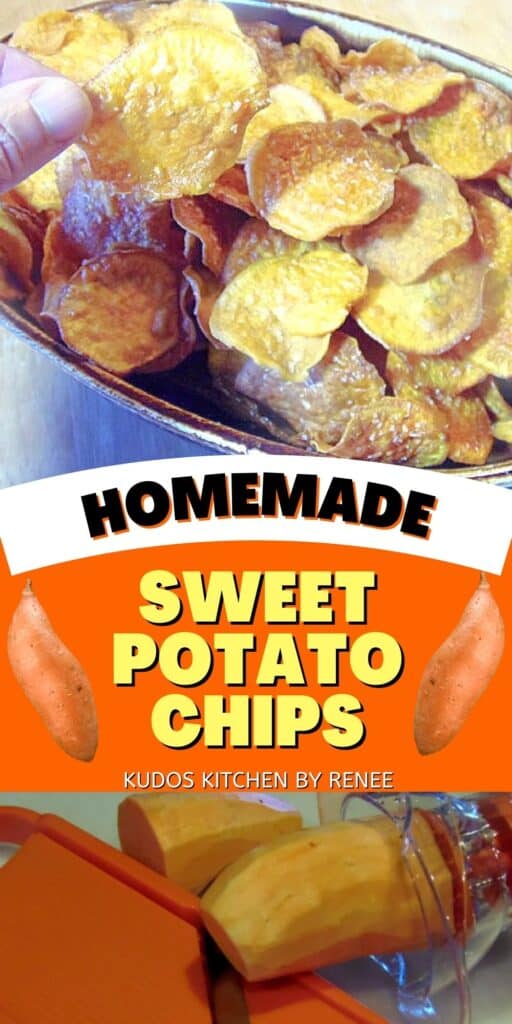 A vertical two image collage of Homemade Fried Sweet Potato Chips along with a title text graphic.