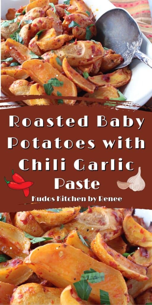 A vertical two image collage along with a title text overlay graphic for Roasted Baby Potatoes with Chili Garlic Paste.