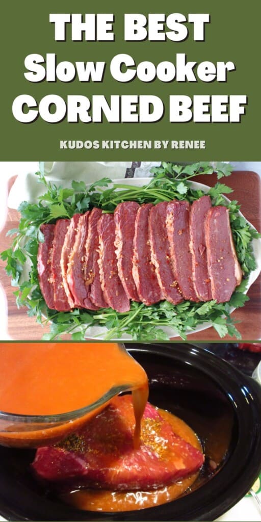A two image Pinterest collage image for Slow Cooker Corned Beef.
