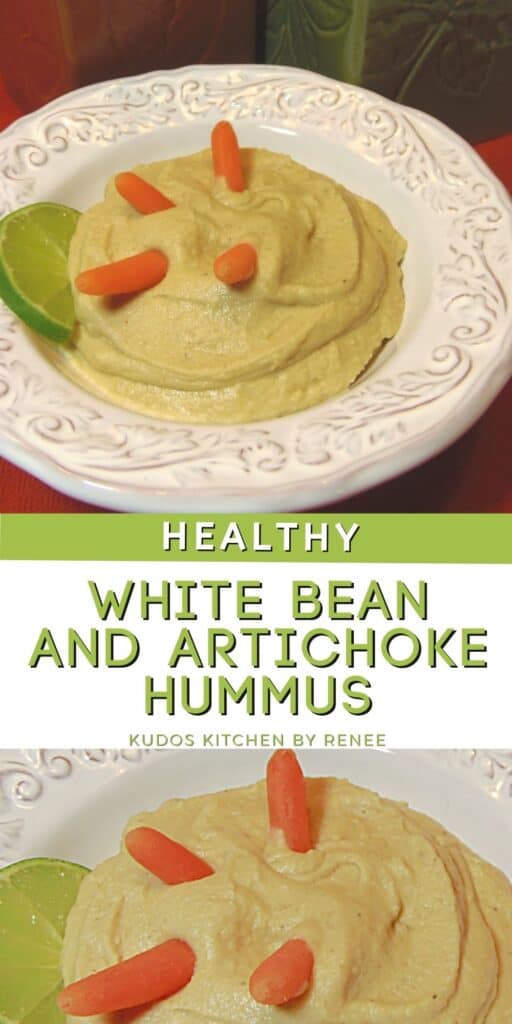 A two image vertical collage for a White Bean and Artichoke Hummus recipe along with a title text graphic.
