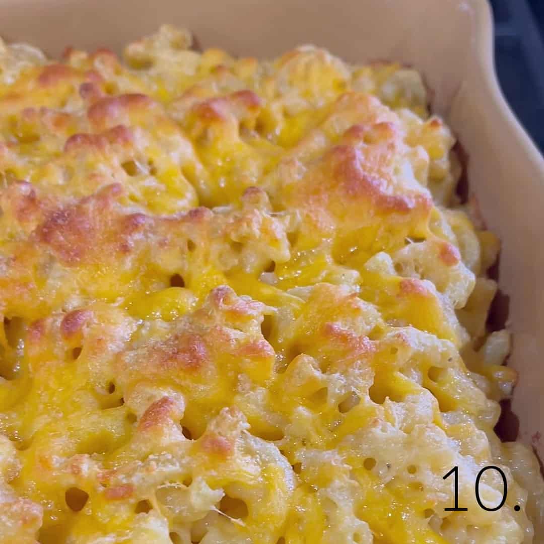 Baked Alfredo mac and cheese with a golden brown crust of cheese on top.