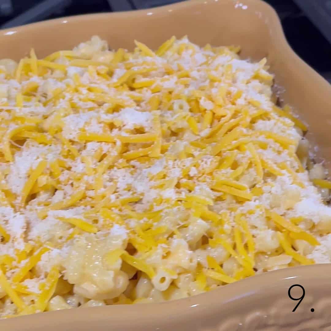 Alfredo mac and cheese in a casserole dish before baking.
