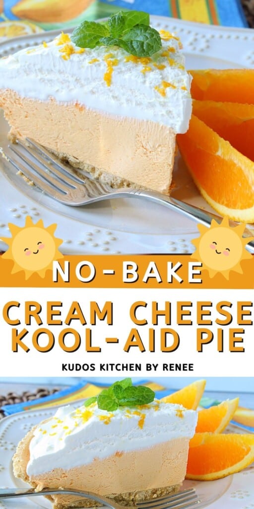 A two image vertical collage for Cream Cheese Kool-Aid Pie with a title text graphic.