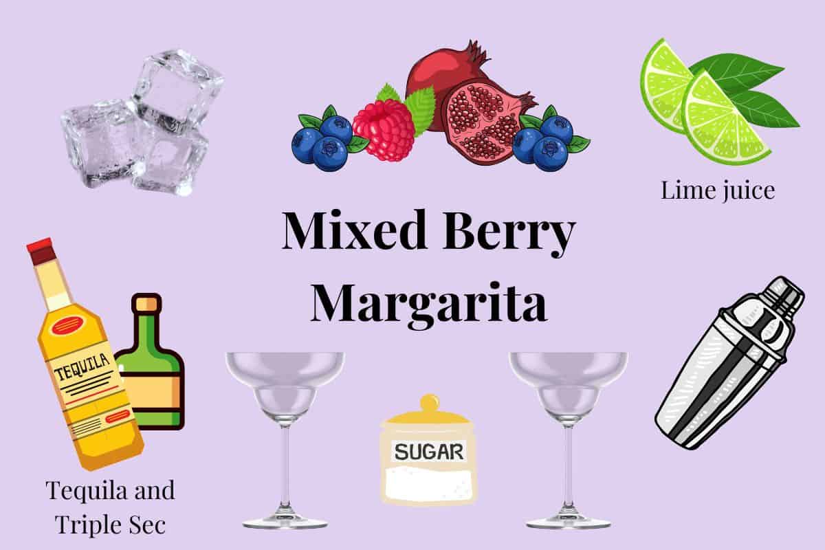 A visual image ingredient list for making a Mixed Berry Margarita.