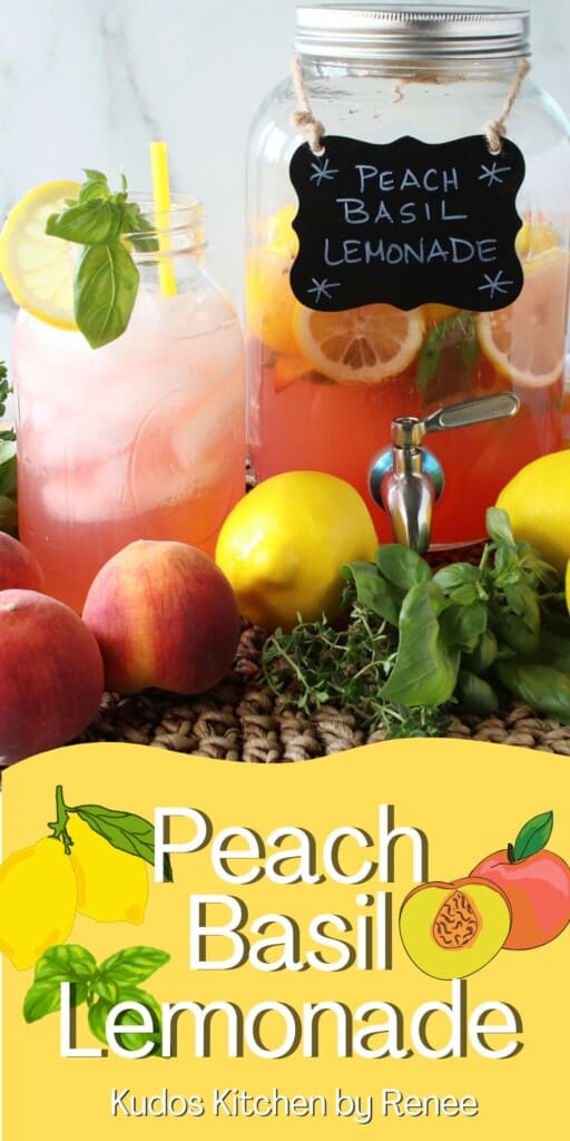 A pinterest image with title text for Peach Basil Lemonade.