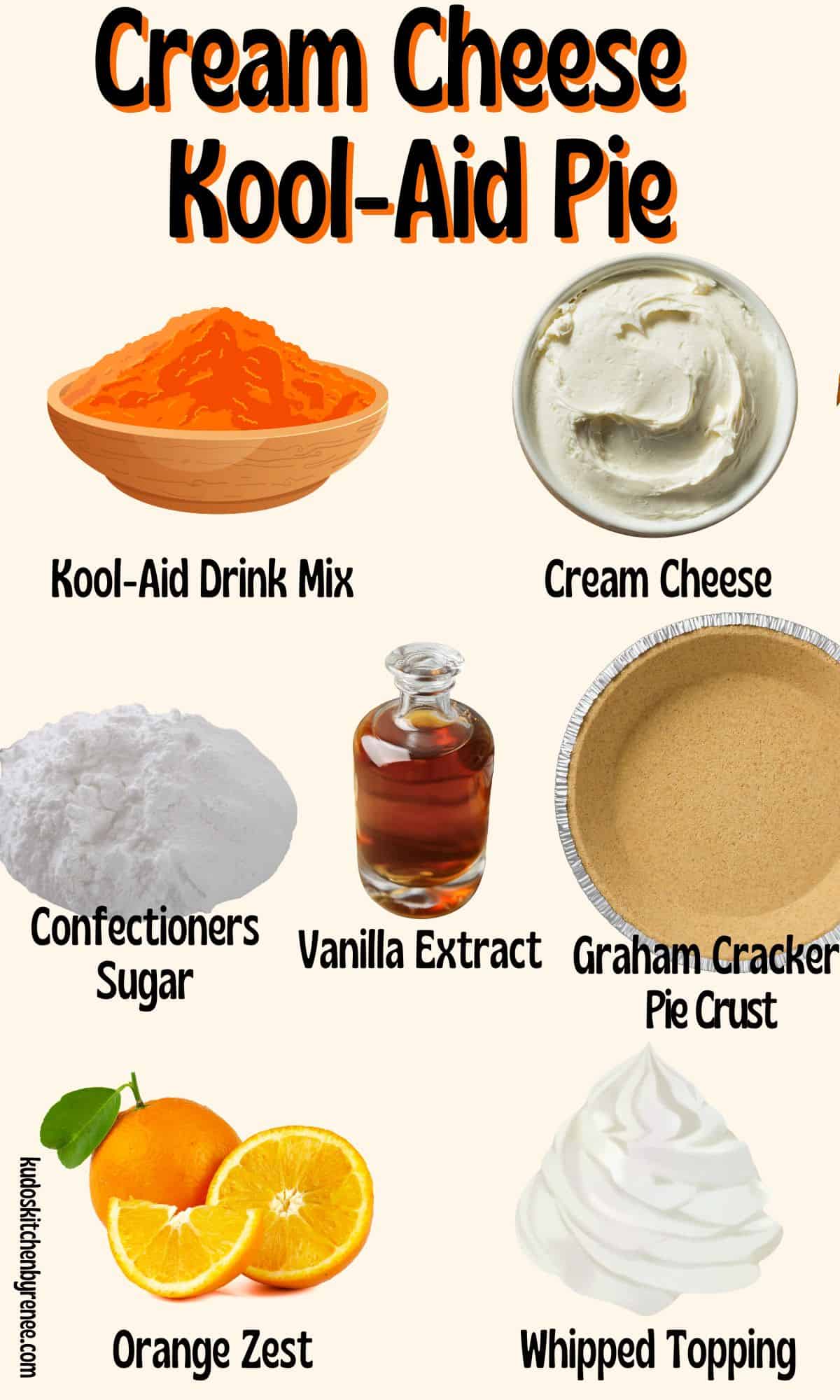The full ingredient list for making Cream Cheese Kool-Aid Pie with visual images of all the ingredients.