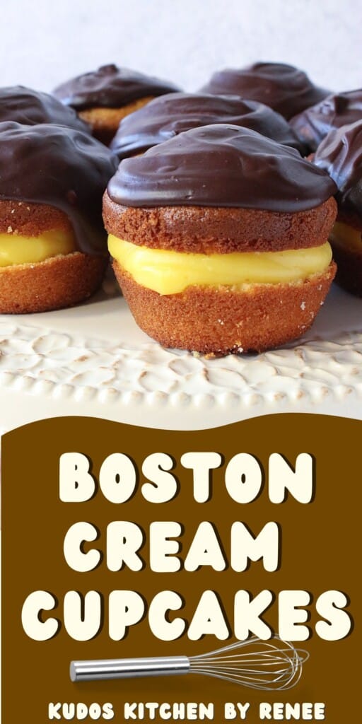 A closeup of Boston Cream Cupcakes along with a title text overlay graphic with a whisk.