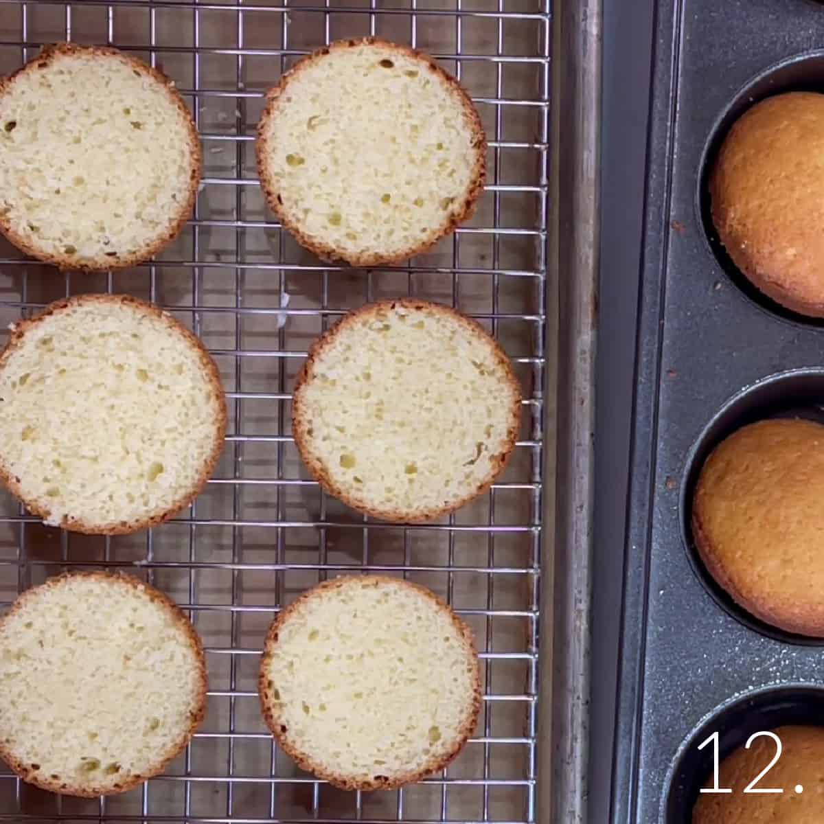 Golden cupcakes that have been cut in half lenghtwise.