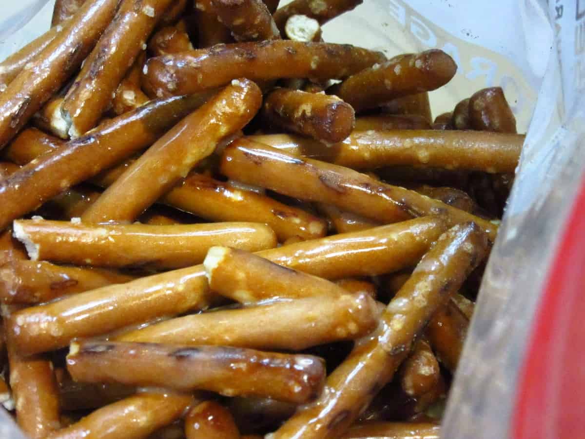 Pretzel sticks in a zip lock bag for making Cinnamon Sugar Pretzel Sticks