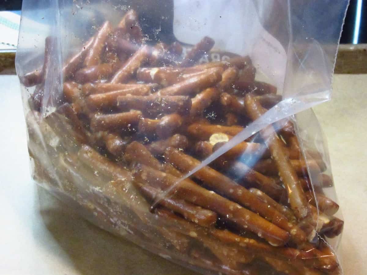 Pretzel sticks in a plastic bag.