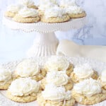 A pretty cake stand and plate filled with pretty Coconut Cake Cookies in white and ivory.