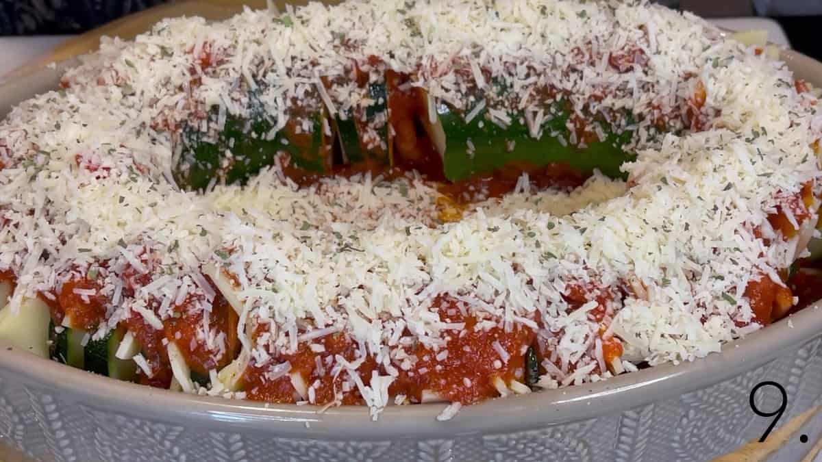 A completed Pepperoni Pizza Hasselback Zucchini before baking.