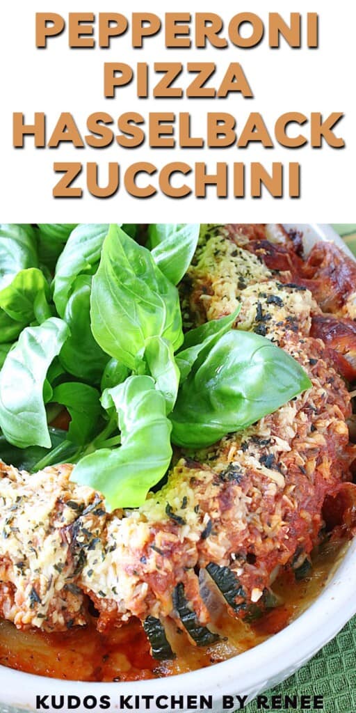 A cheesy Pepperoni Pizza Hasselback Zucchini in a baking dish along with fresh basil.