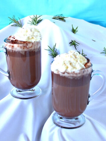 Two glass mugs filled with Vermont Hot Chocolate and set to look like a winter scene.