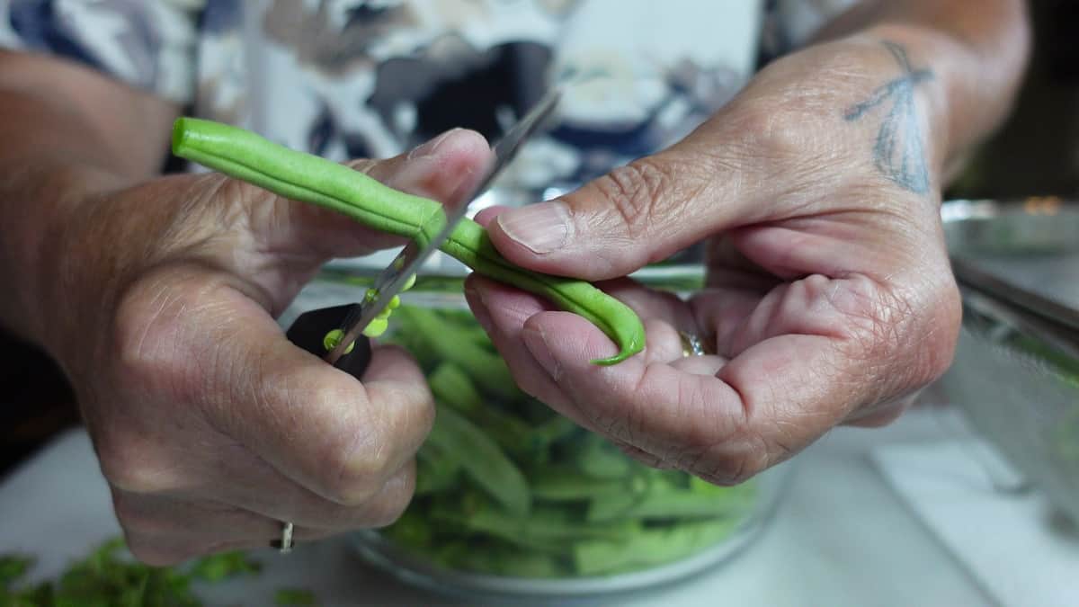 Hands and a paring knife preparing fresh green beans.