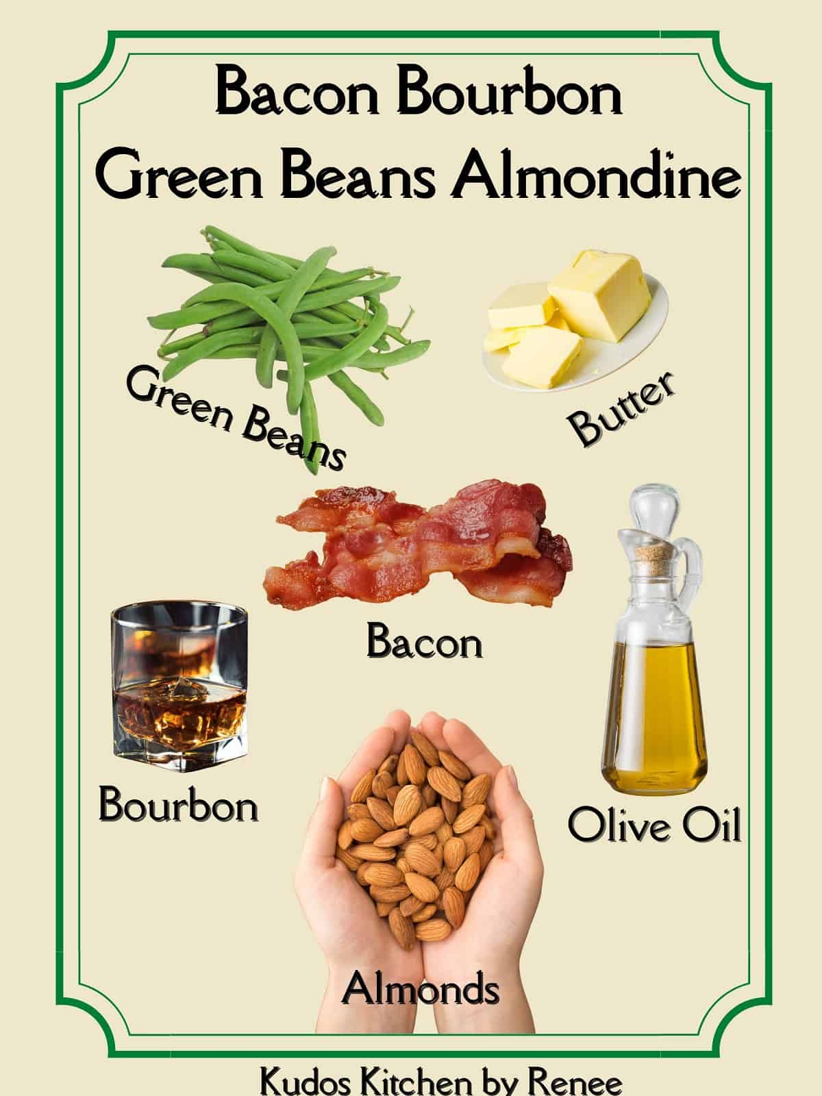 A visual ingredient list for making Bacon Bourbon Green Beans Almondine.