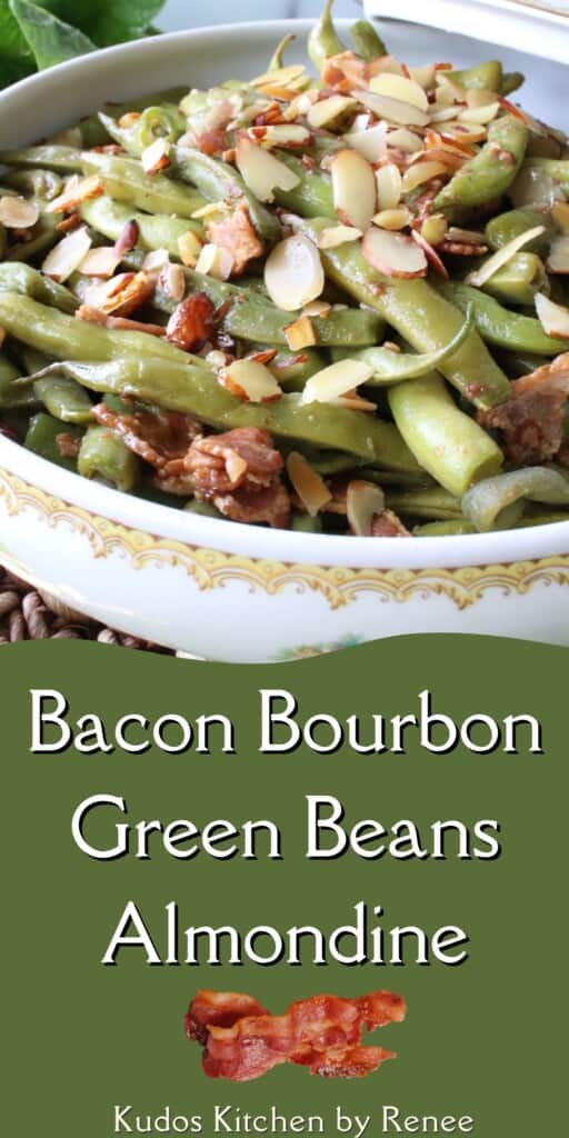 A pretty china bowl filled with Bacon Bourbon Green Beans Almondine topped with almonds.