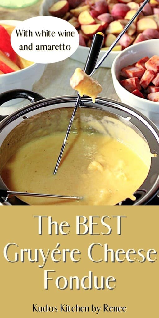 A fondue pot with melted cheese and a bread cube with a fork.