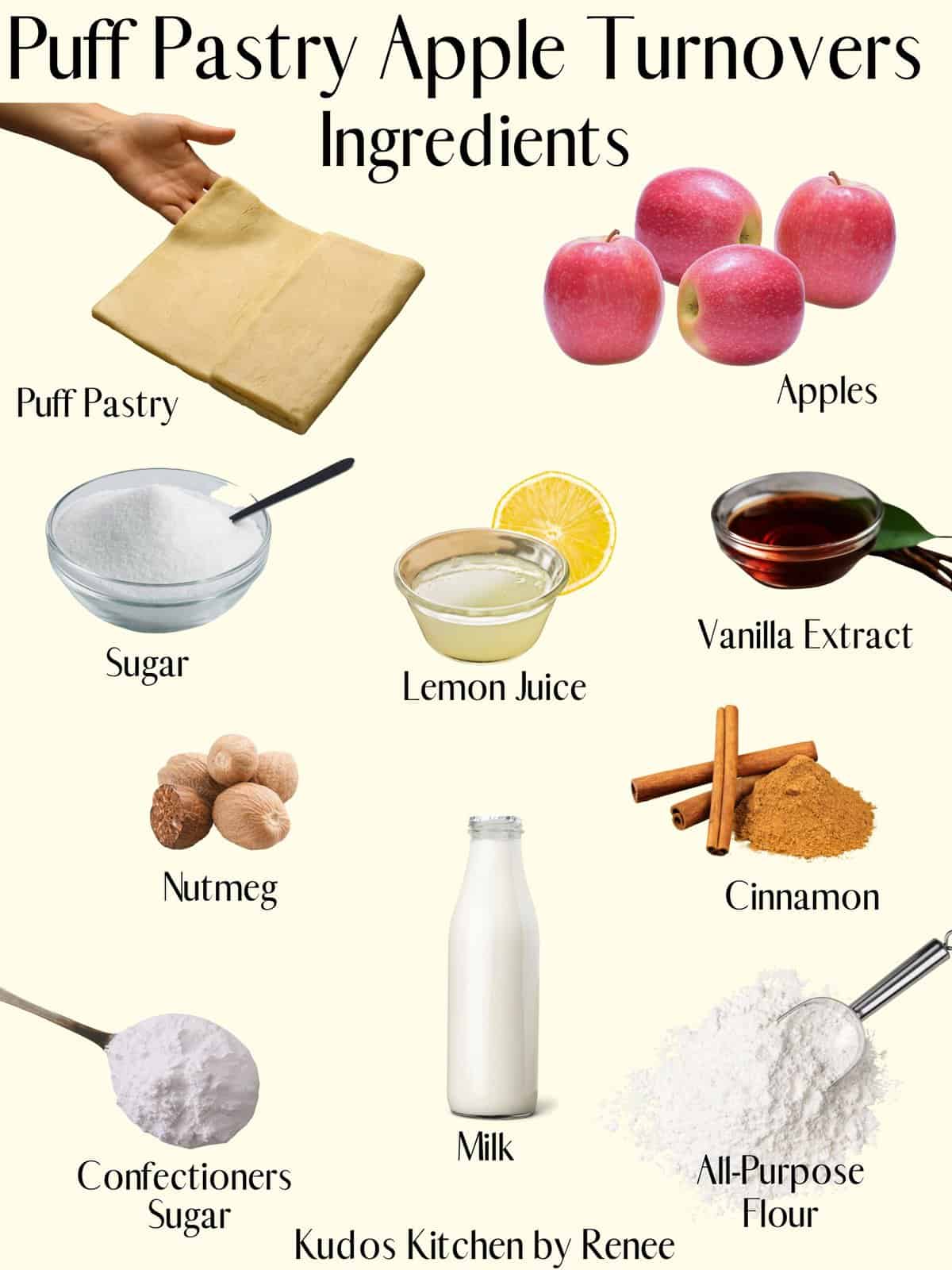 A visual list of ingredients for making Puff Pastry Apple Turnovers