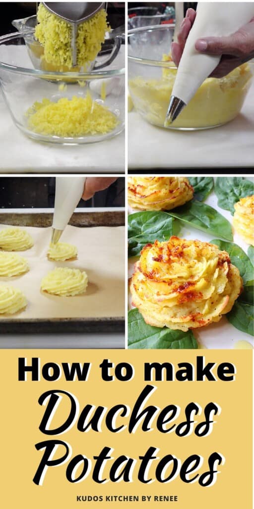 A collage image of how to make duchess potatoes.
