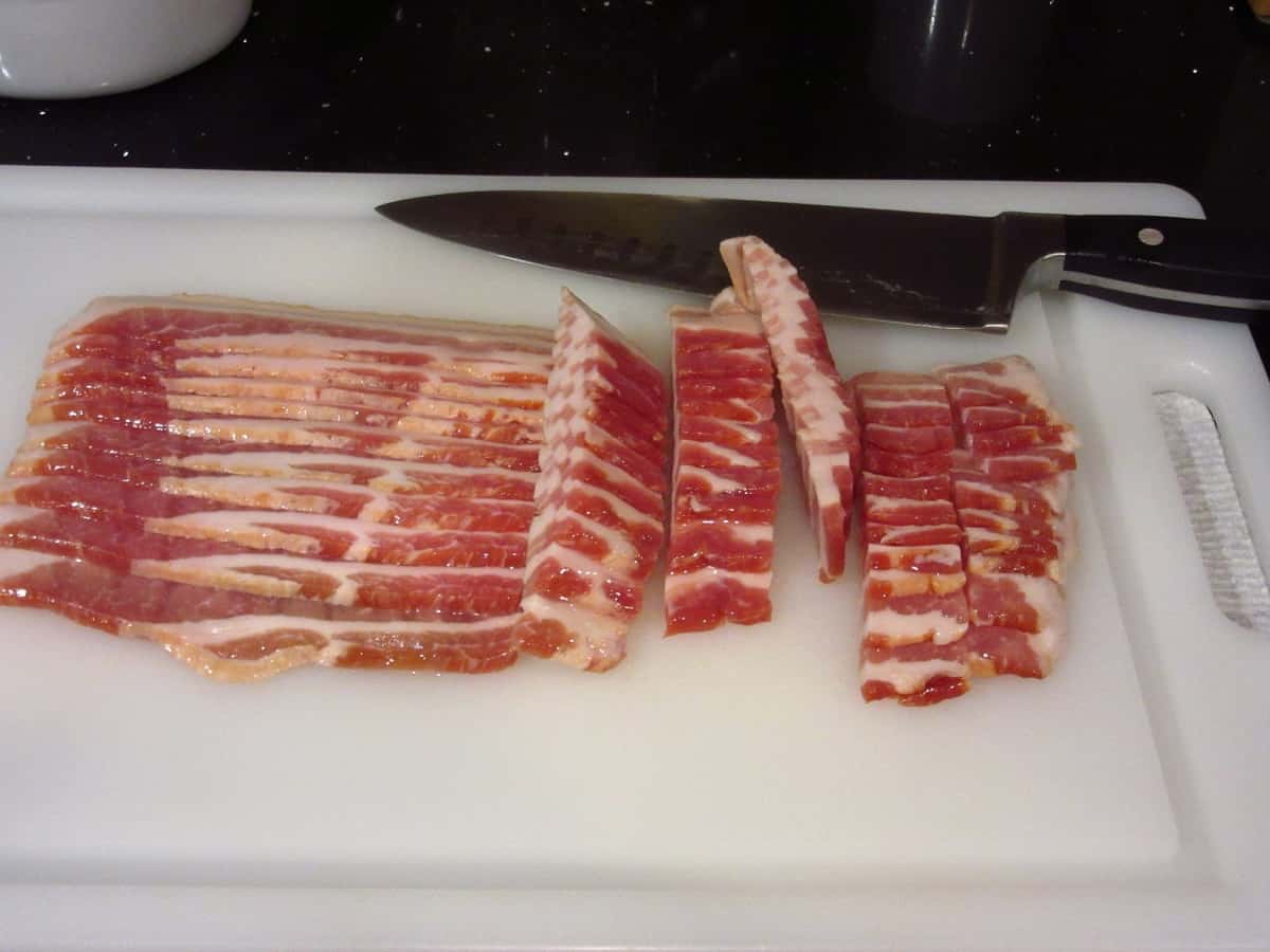 Bacon cut into pieces ready for frying.
