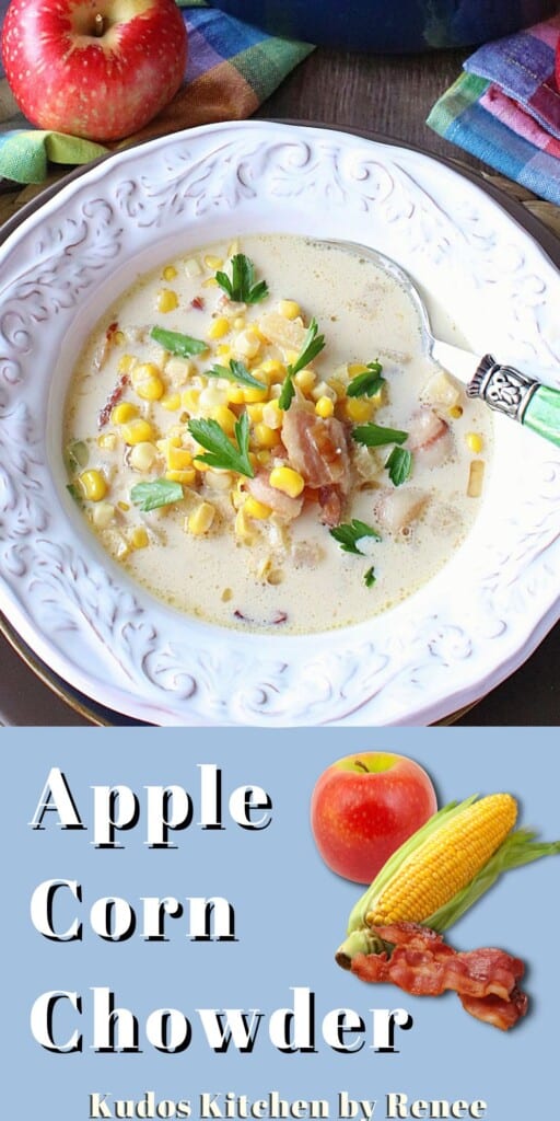 A closeup photo of a colorful bowl of corn chowder with apples and bacon.