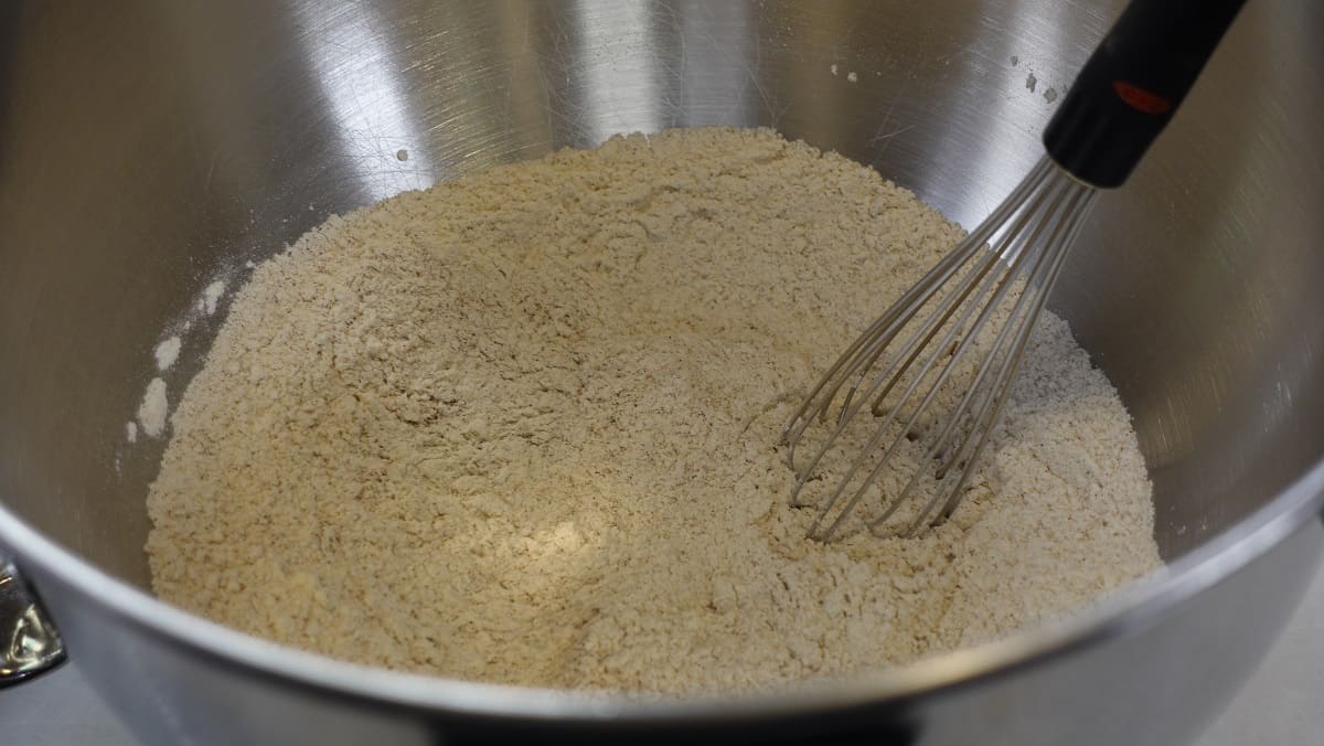 Whisked dry ingredients in a bowl.