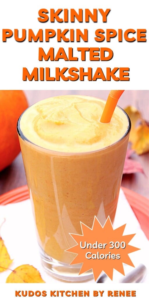 A pumpkin spice malted milkshake in a glass with an orange straw.