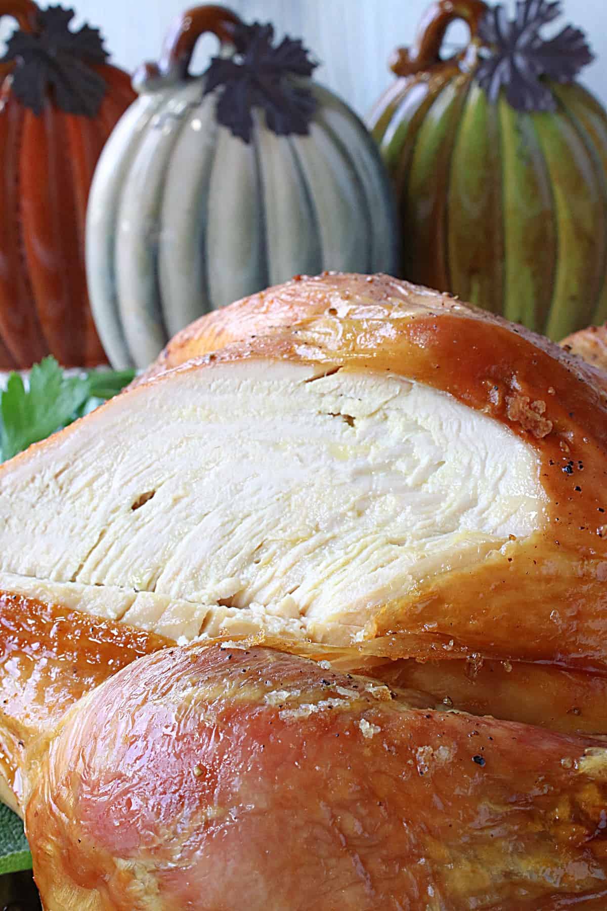 A closeup of a Brown Bag Roast Turkey with a juicy slice taken off the breast.
