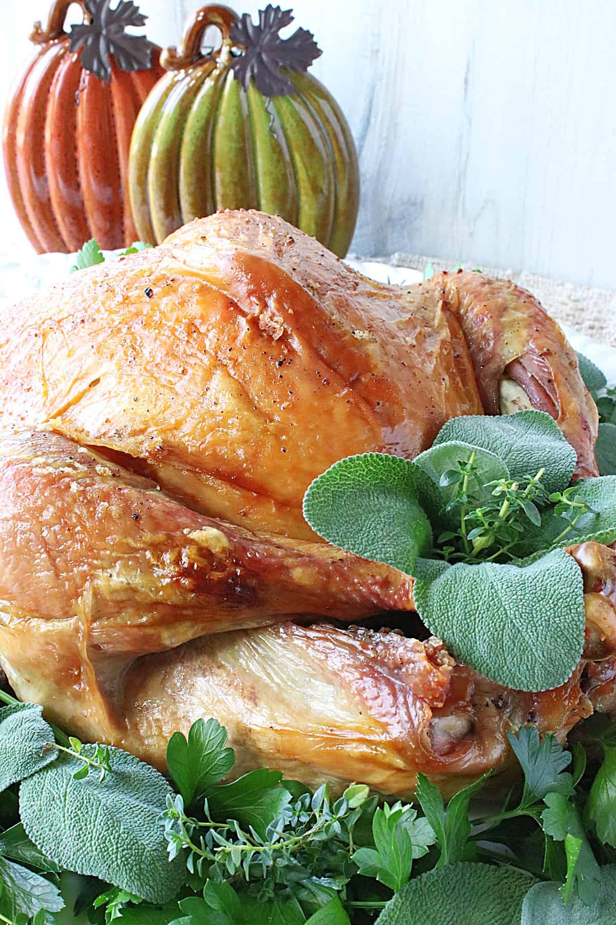 A golden brown Brown Bag Roast Turkey with fresh herbs and ceramic pumpkins in the background.