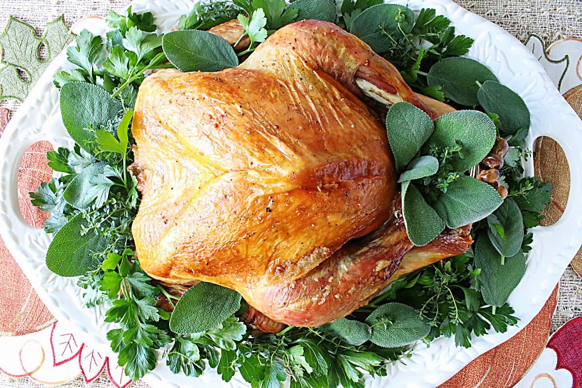 An overhead photo of a whole roast turkey on a white platter with fresh herbs.