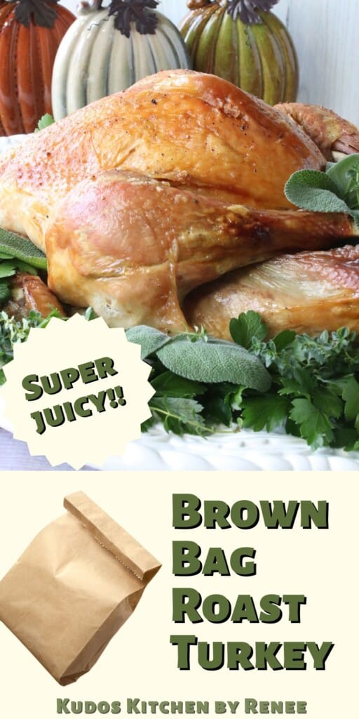 A golden brown Brown Bag Roast Turkey on a platter with ceramic pumpkins in the background.