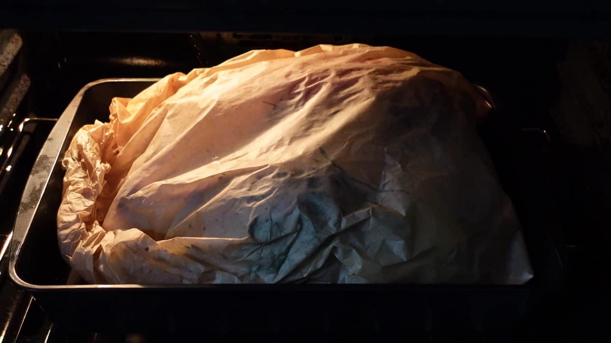 A Brown Bag Roast Turkey in a roasting pan in the oven.